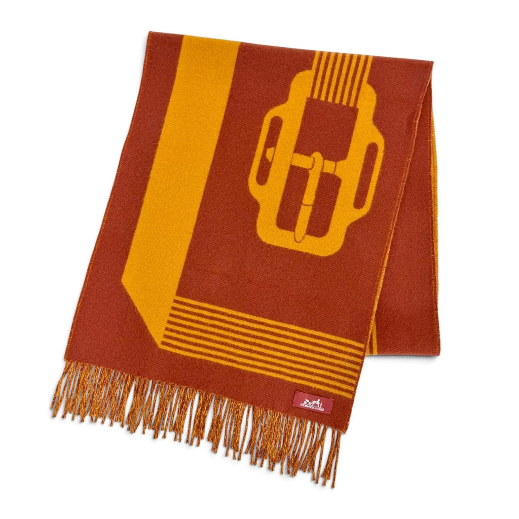Hermes Sangle a Boucle Cashmere 100% Fringe Scarf Orange Brown