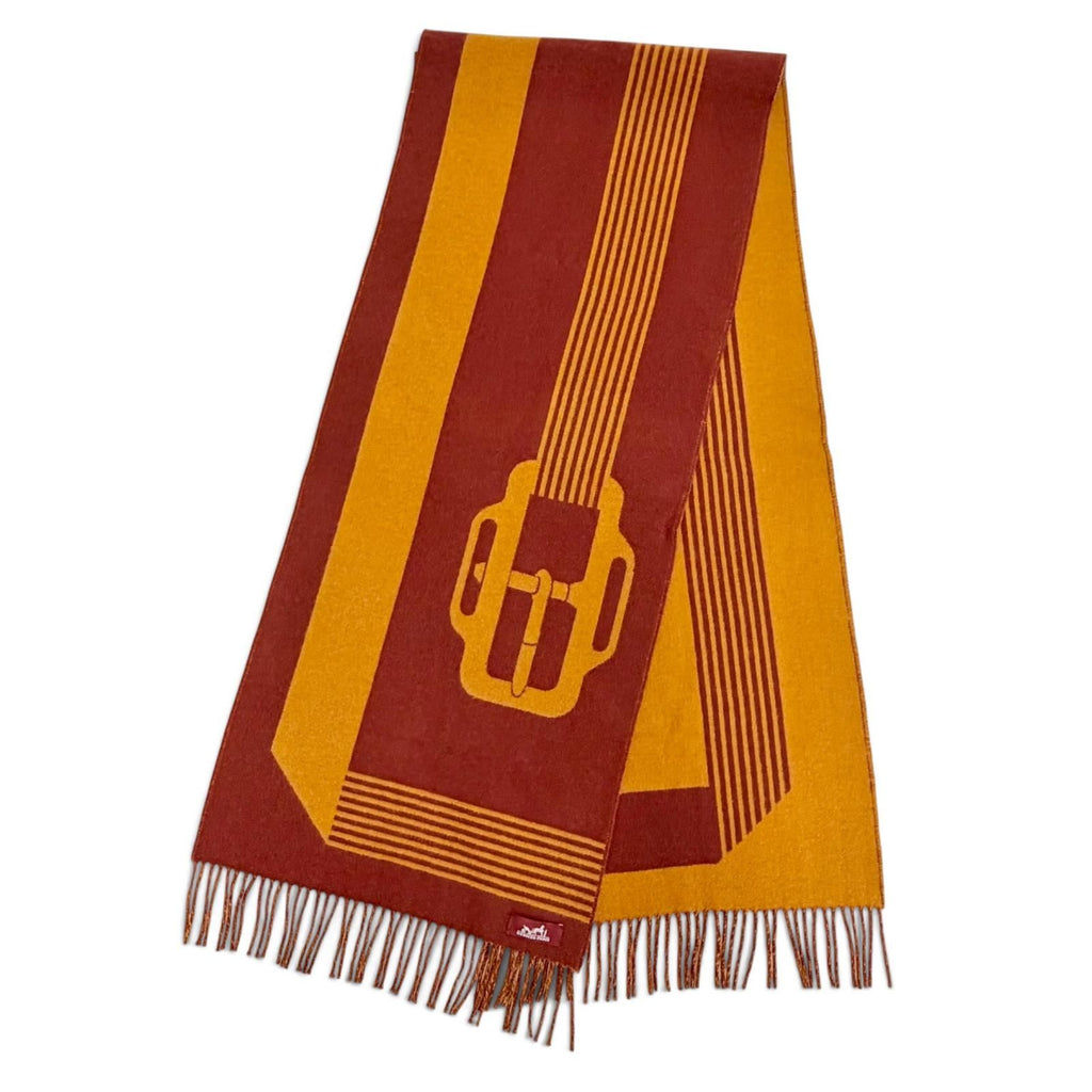 Hermes Sangle a Boucle Cashmere 100% Fringe Scarf Orange Brown — view 4