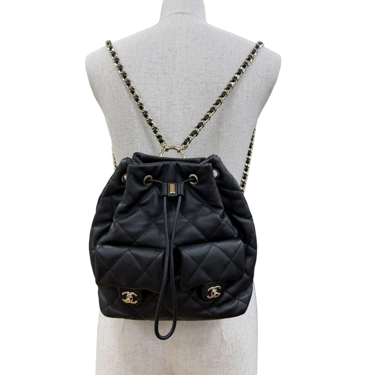 Chanel Quilted CC Logo Two Pocket Calfskin Backpack Black Gold — view 3