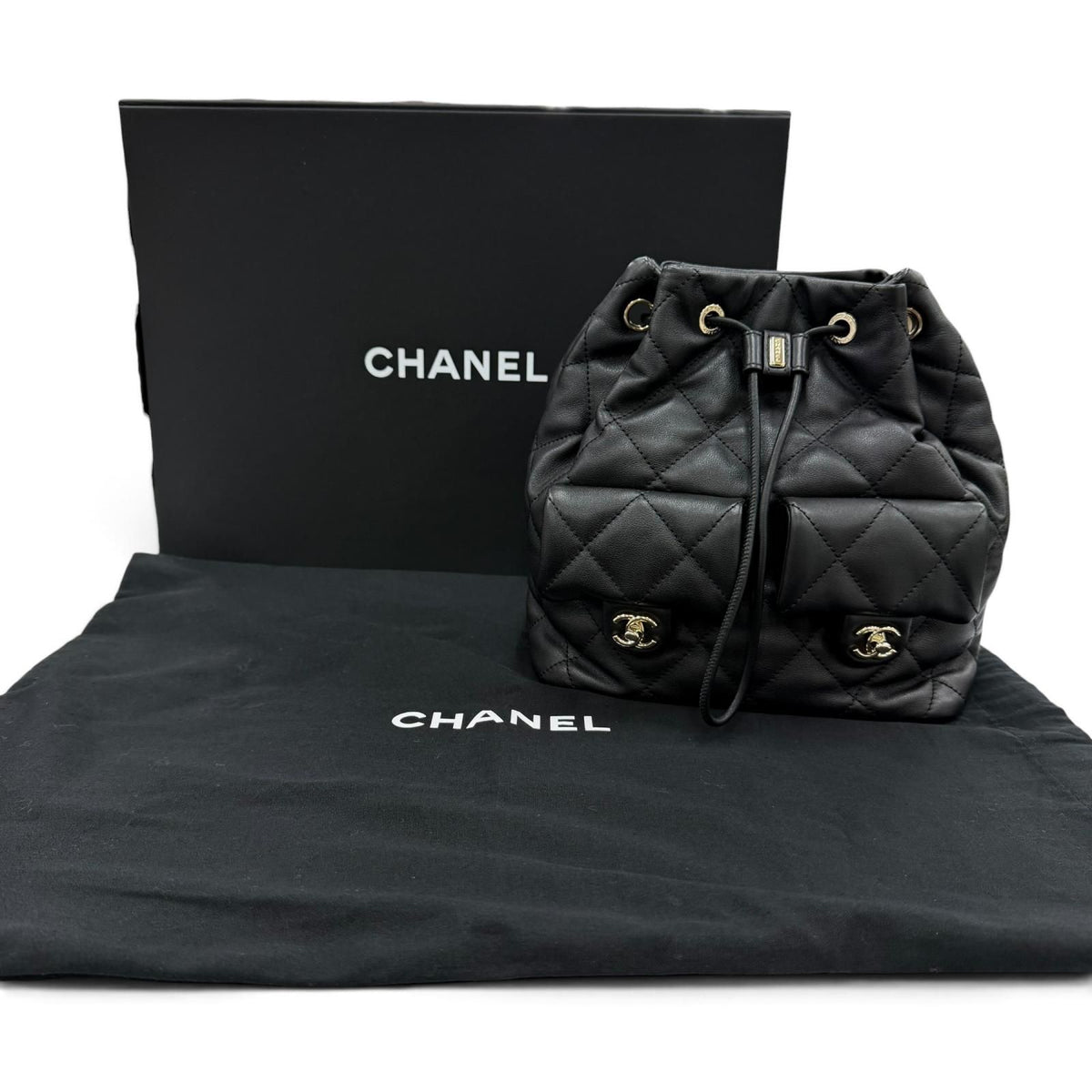 Chanel Quilted CC Logo Two Pocket Calfskin Backpack Black Gold — view 2