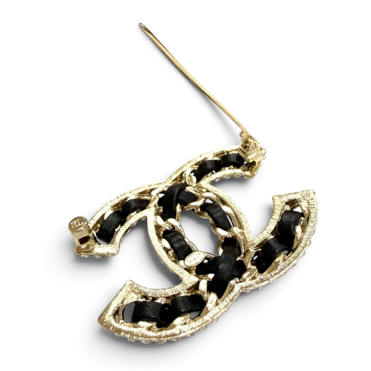 Chanel CC Logo Lambskin Rhinestone Strass Brooch Black Gold — view 4