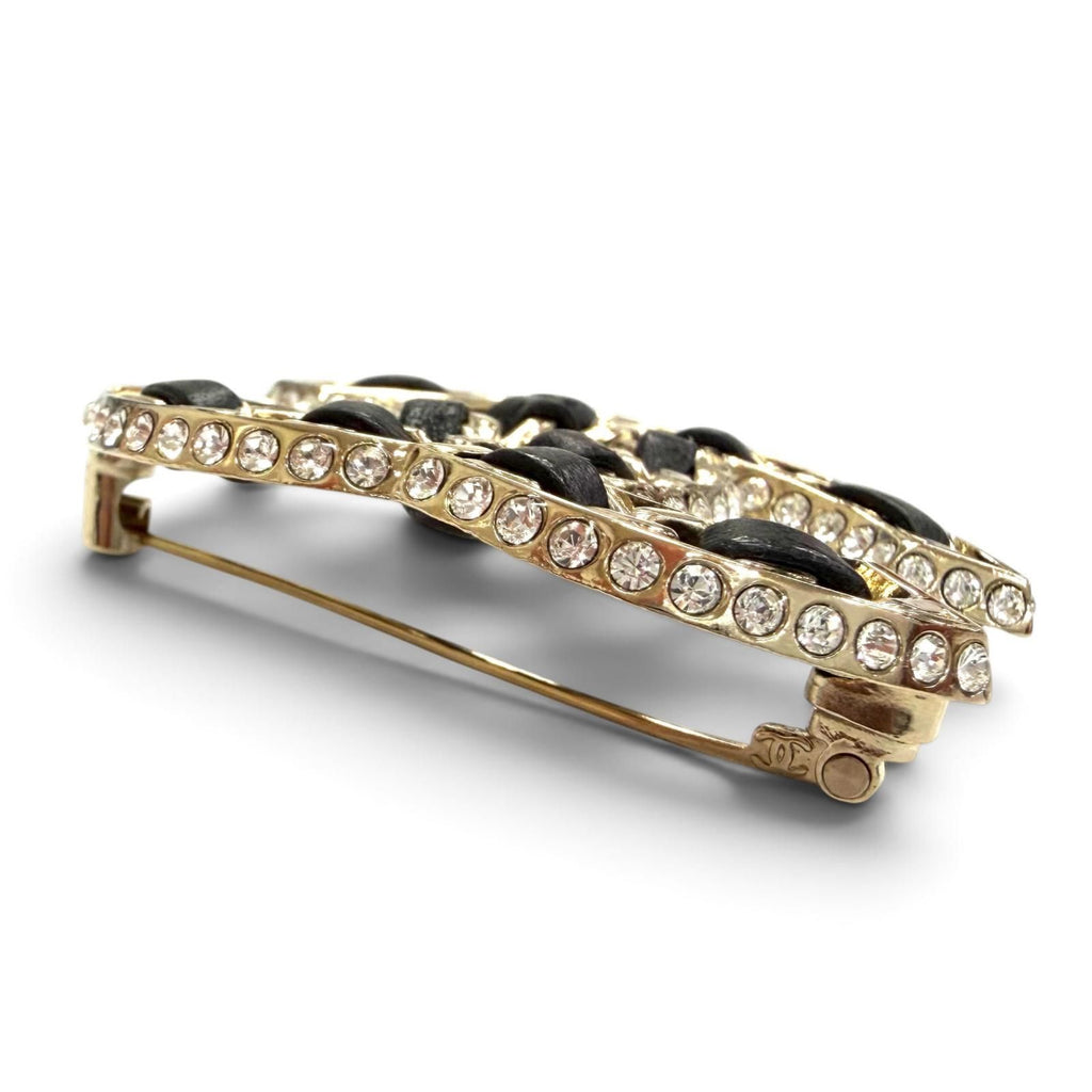 Chanel CC Logo Lambskin Rhinestone Strass Brooch Black Gold — view 3