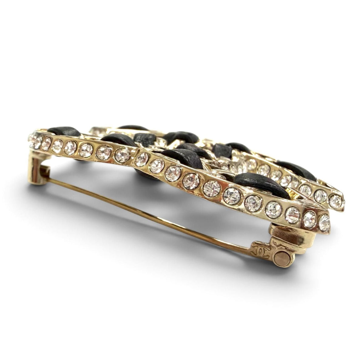 Chanel CC Logo Lambskin Rhinestone Strass Brooch Black Gold — view 3