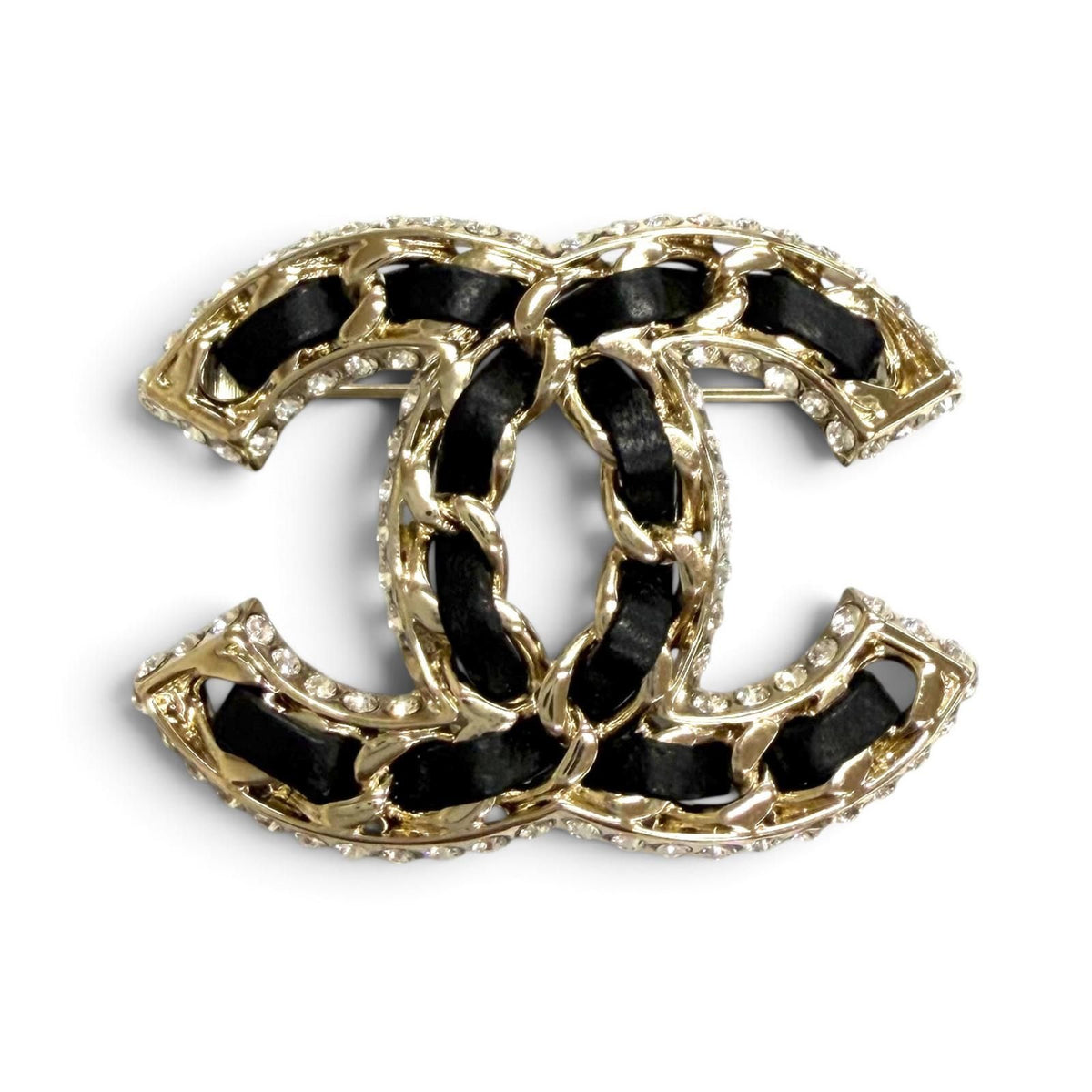 Chanel CC Logo Lambskin Rhinestone Strass Brooch Black Gold