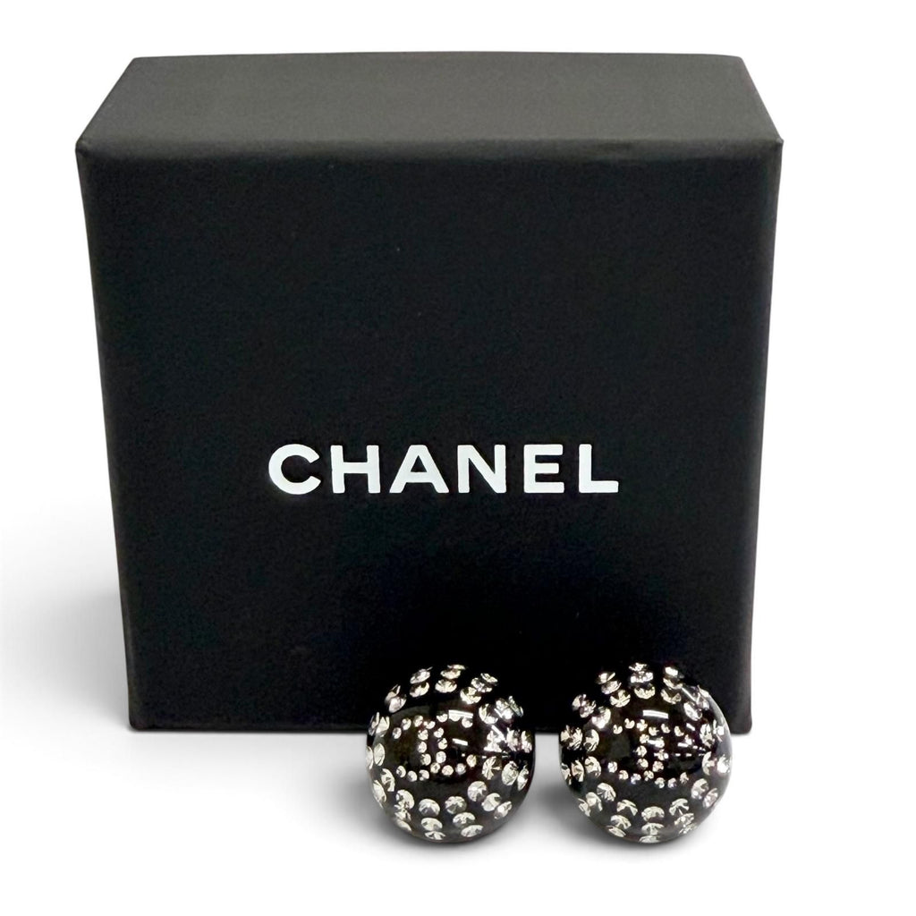 Chanel CC Logo Crystal Rhinestone Monotone Stud Earrings Black — view 2