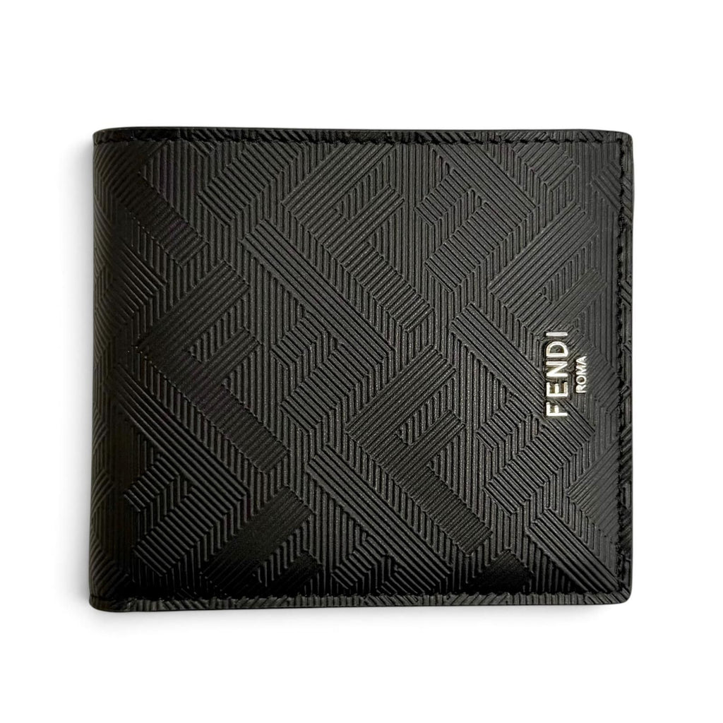 Fendi Shadow Calfskin Logo Compact Wallet Billfold Bifold Black