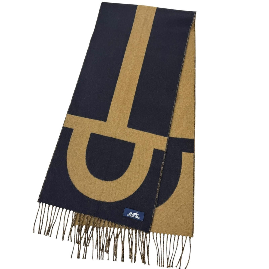 Hermes Grand Mall Cashmere 100% Horsebit Fringe Scarf Shawl Navy Brown — view 4