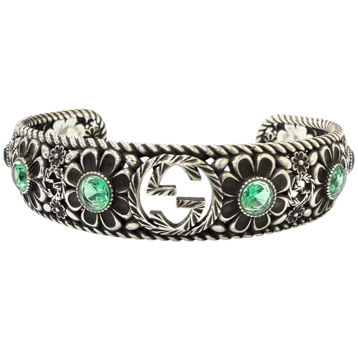 Gucci Rhinestone Crystal Floral Interlocking G Bangle Silver Green 16 Bracelet — view 2