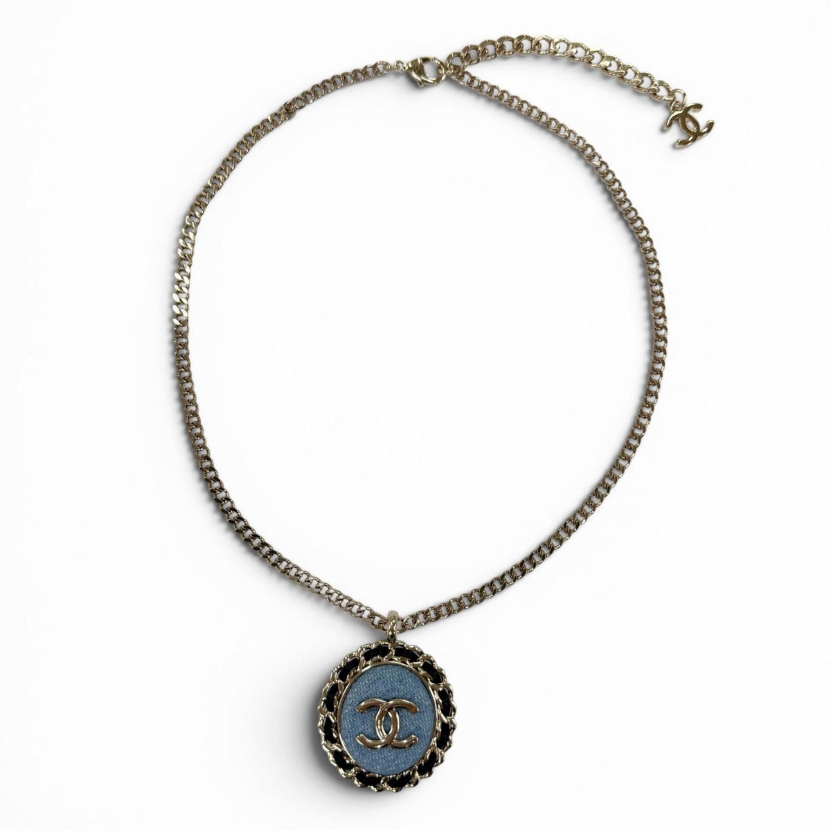 Chanel CC Logo Denim Design Chain Necklace Indigo Blue Gold — view 2
