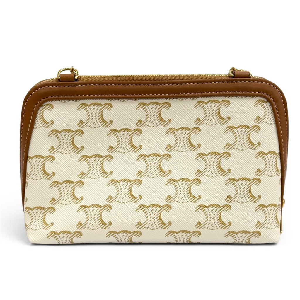 Celine Triomphe Canvas Logo Chain Clutch Shoulder Bag Off White Brown — view 3