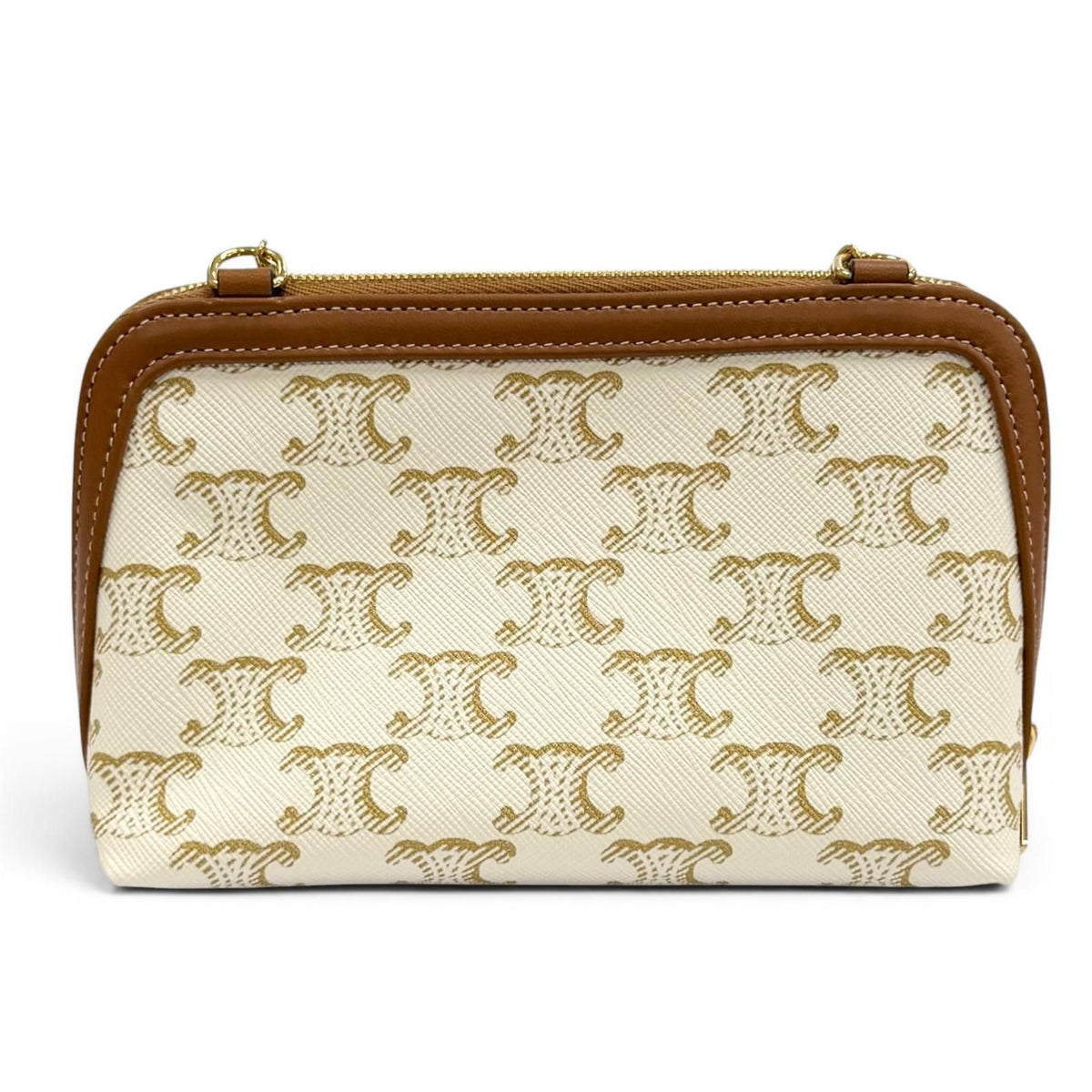 Celine Triomphe Canvas Logo Chain Clutch Shoulder Bag Off White Brown — view 3