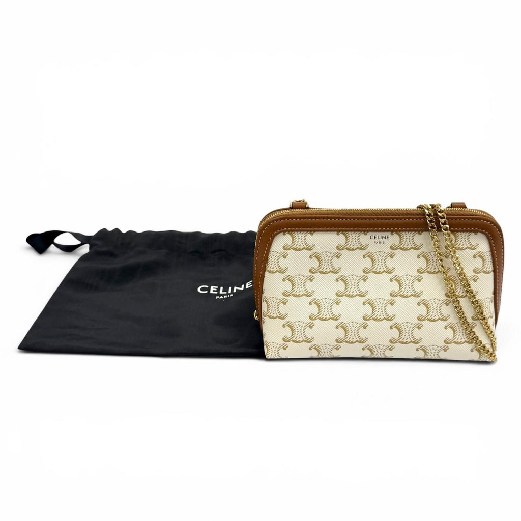 Celine Triomphe Canvas Logo Chain Clutch Shoulder Bag Off White Brown — view 2