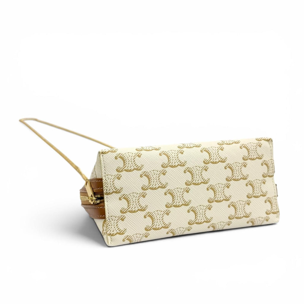Celine Triomphe Canvas Logo Chain Clutch Shoulder Bag Off White Brown — view 4
