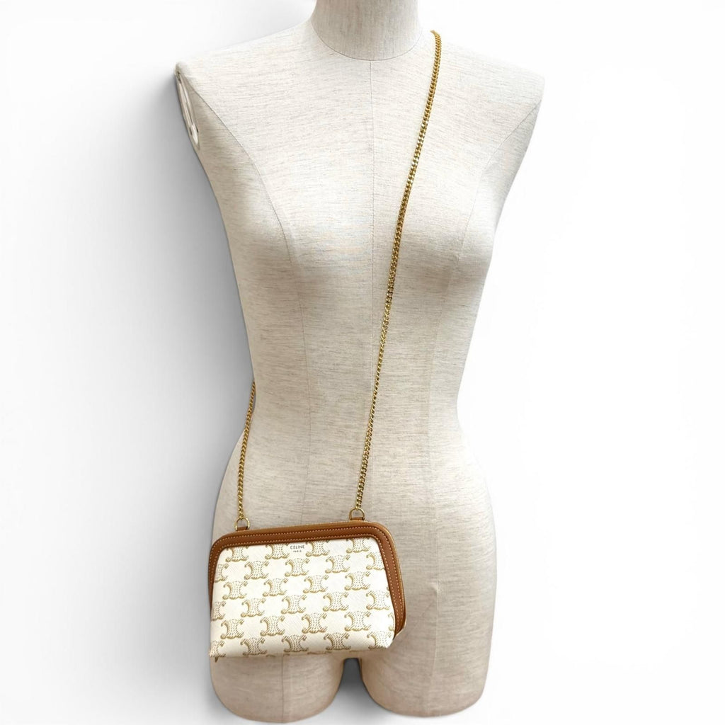 Celine Triomphe Canvas Logo Chain Clutch Shoulder Bag Off White Brown — view 6