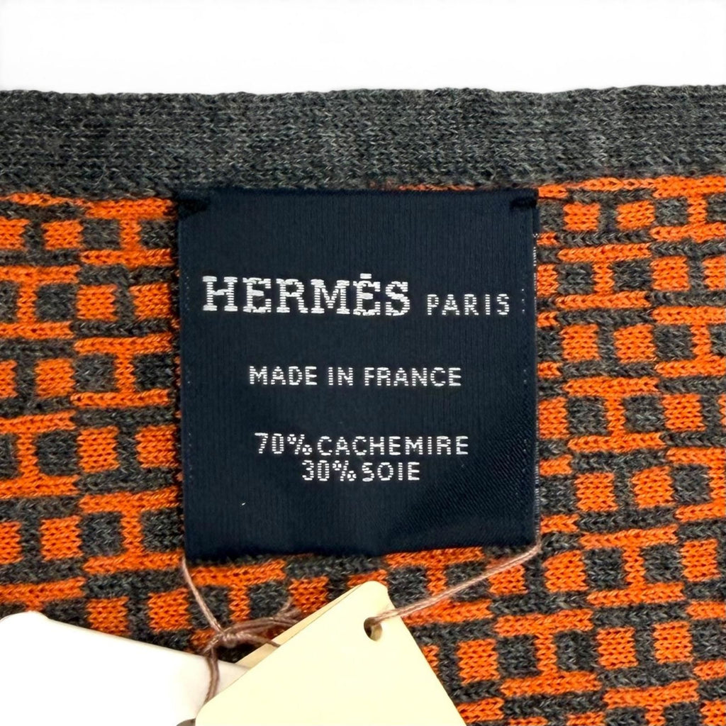 Hermes Cashmere Silk Blend H Logo All Over Print Shawl Scarf Navy Orange — view 7