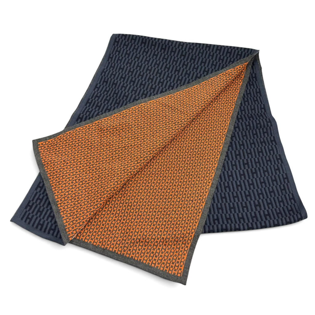 Hermes Cashmere Silk Blend H Logo All Over Print Shawl Scarf Navy Orange — view 3