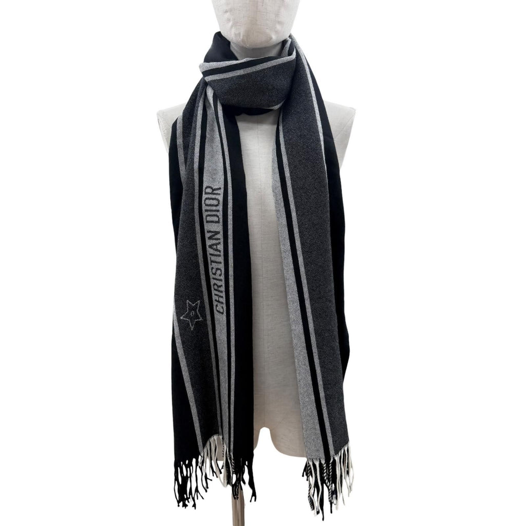 Dior Wool 100% Logo Scarf with Fringe Black Gray — view 2