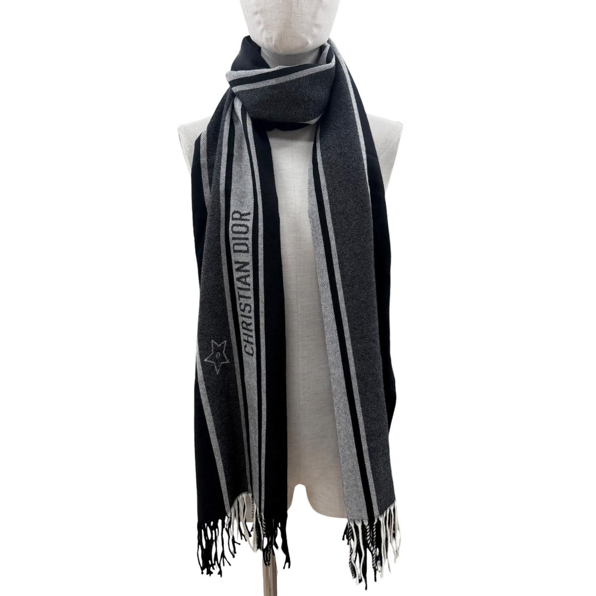 Dior Wool 100% Logo Scarf with Fringe Black Gray — view 2