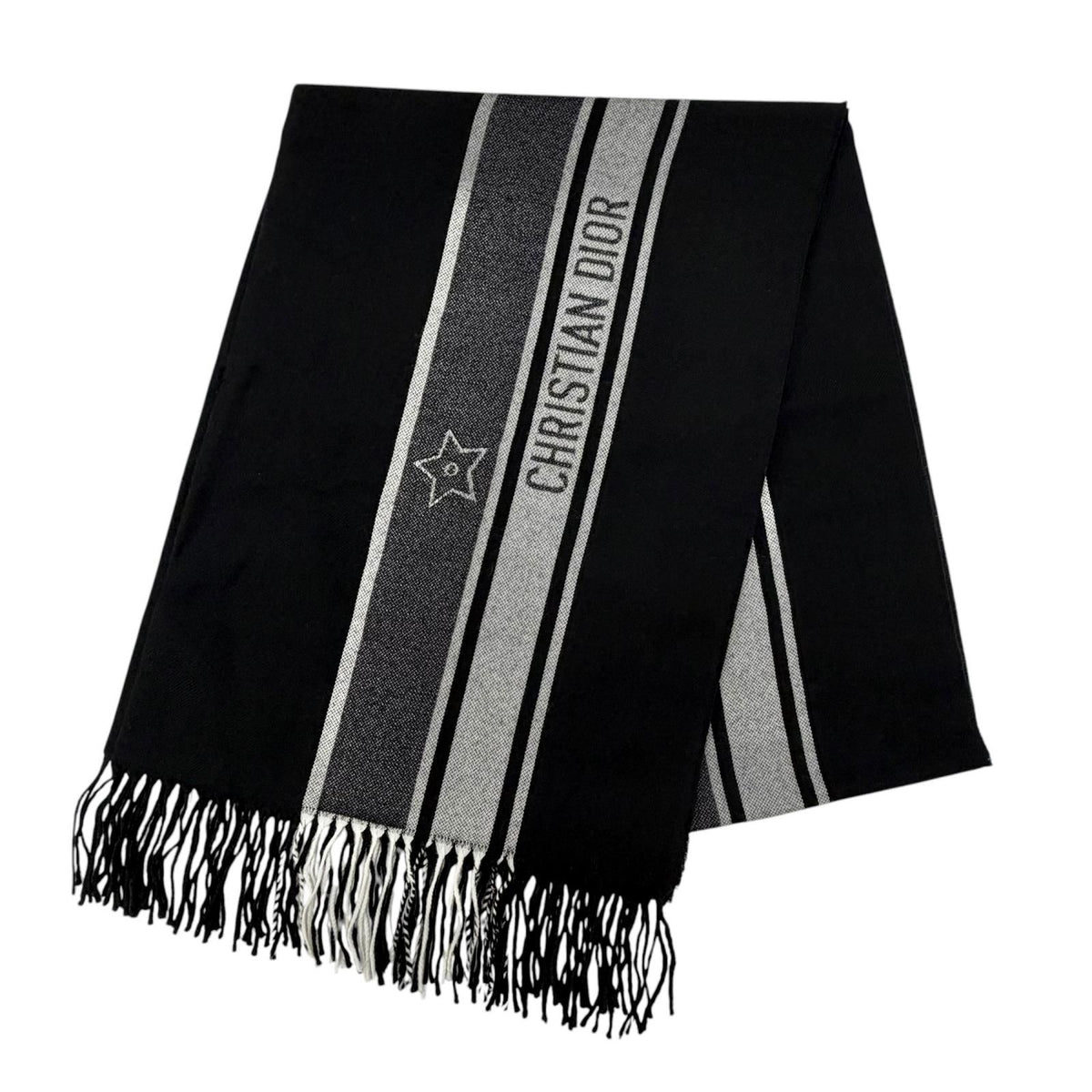 Dior Wool 100% Logo Scarf with Fringe Black Gray