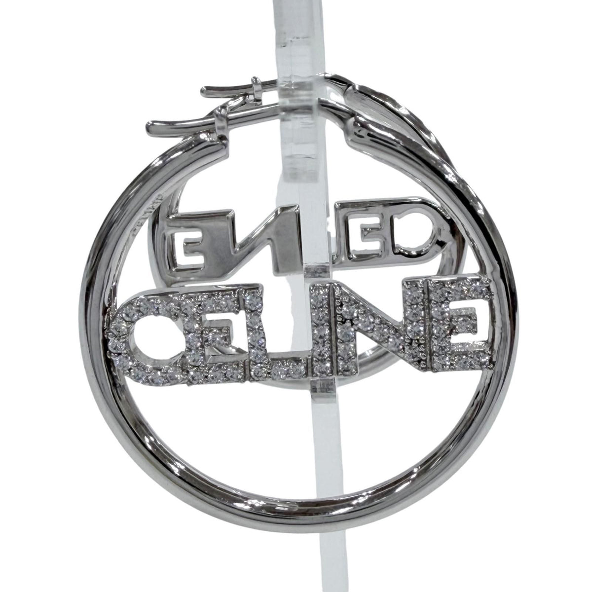 Celine Rhinestone Logo Monochrome Strass Hoop Earrings Silver — view 7