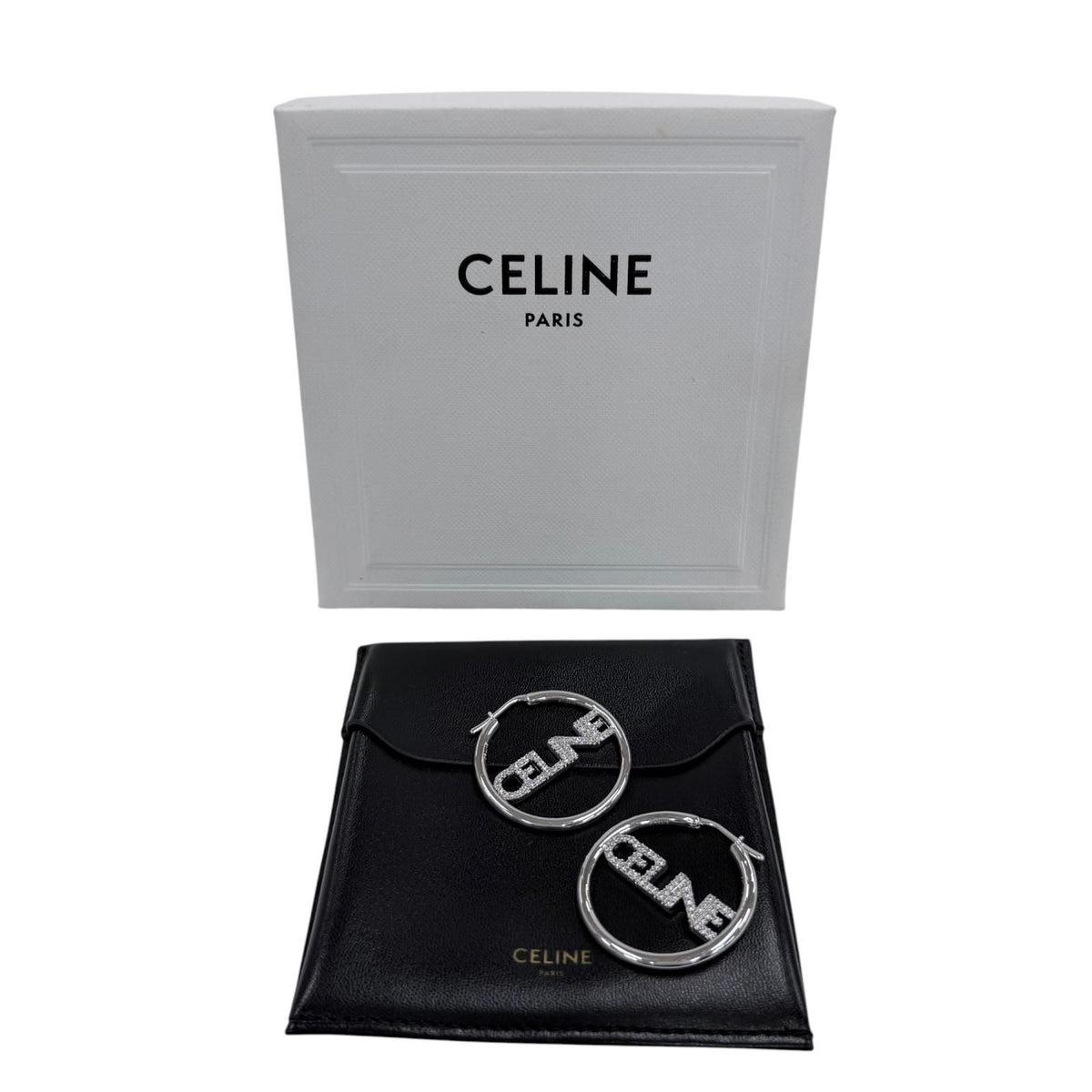 Celine Rhinestone Logo Monochrome Strass Hoop Earrings Silver — view 2