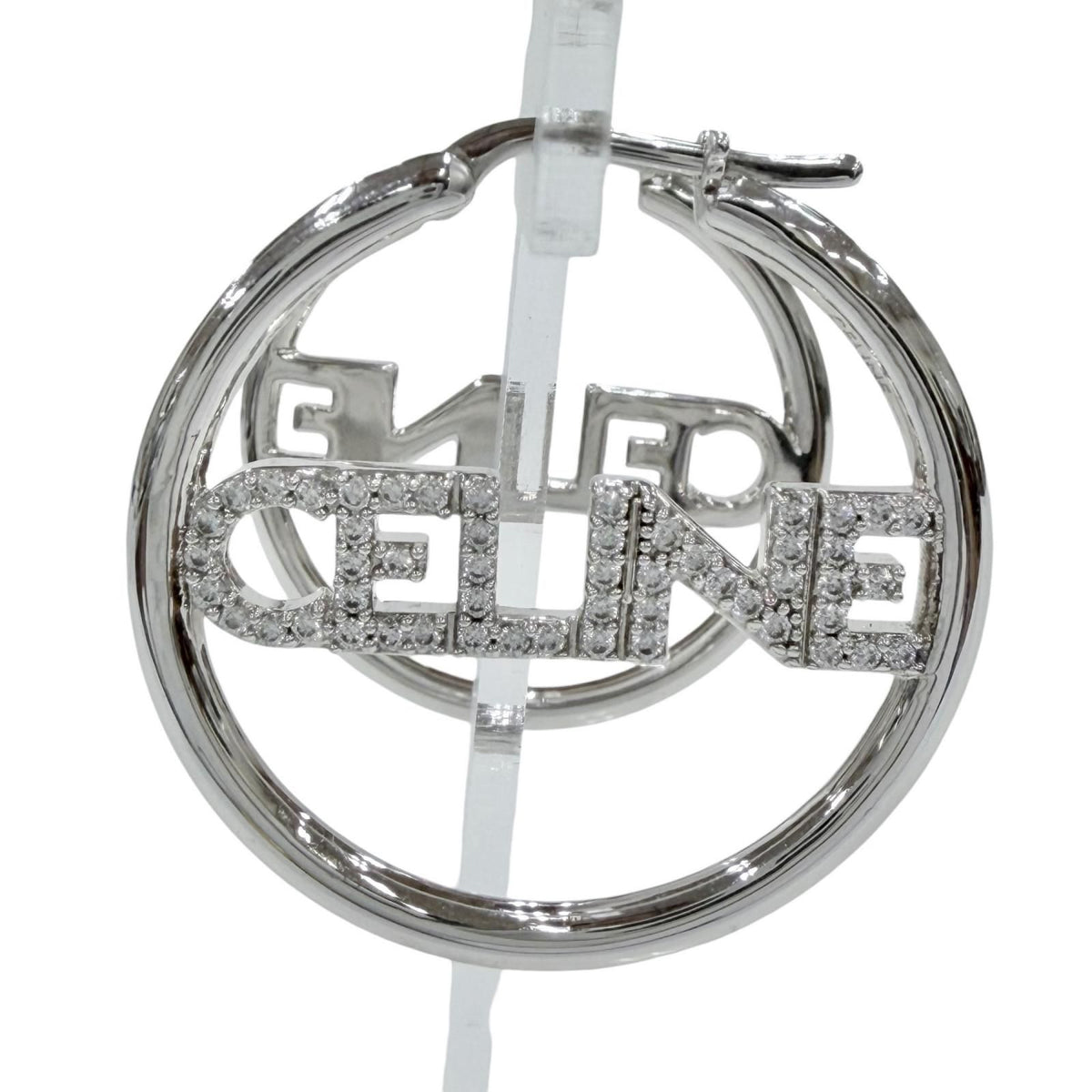 Celine Rhinestone Logo Monochrome Strass Hoop Earrings Silver — view 5