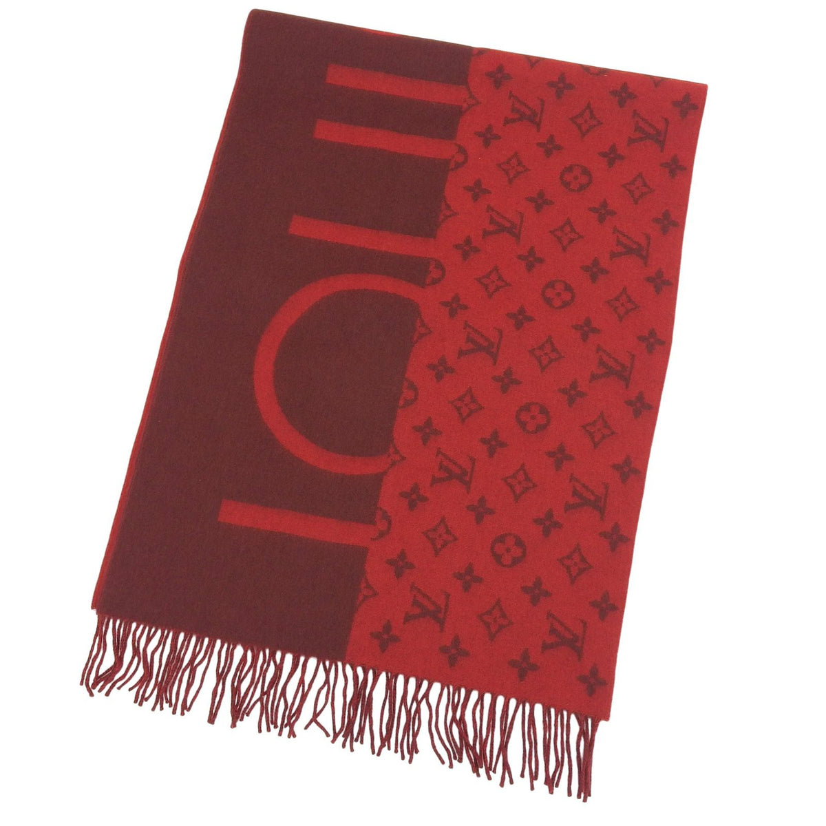 Louis Vuitton Echelpe Monogram Split Cashmere 100% Fringe Scarf Red