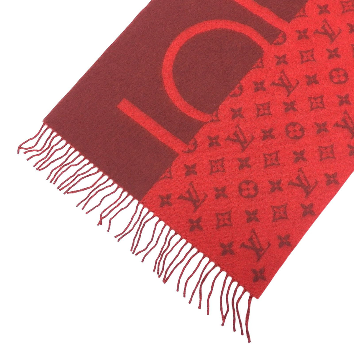 Louis Vuitton Echelpe Monogram Split Cashmere 100% Fringe Scarf Red — view 5