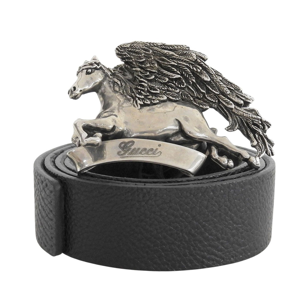 Gucci Pegasus Buckle Leather Belt Black Silver