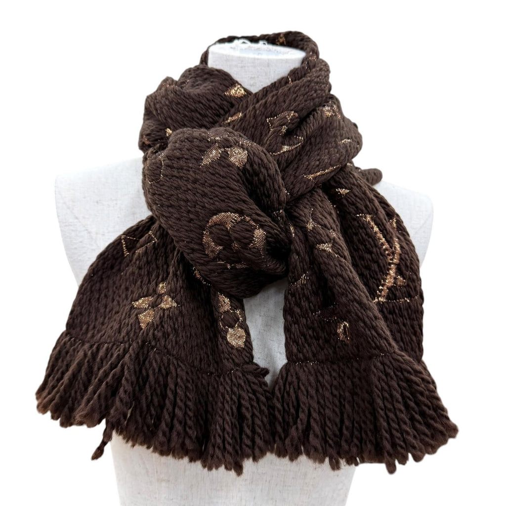 Louis Vuitton Logomania Scarf Shine Wool Silk Brown with Fringe — view 2