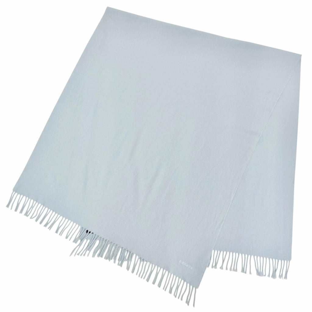 Hermes Cashmere 100% Logo Embroidery Large Shawl Scarf Light Blue — view 3