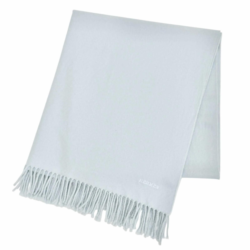 Hermes Cashmere 100% Logo Embroidery Large Shawl Scarf Light Blue