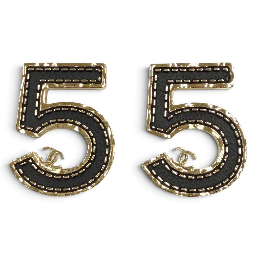 Chanel CC Logo 5 Earrings Black Gold