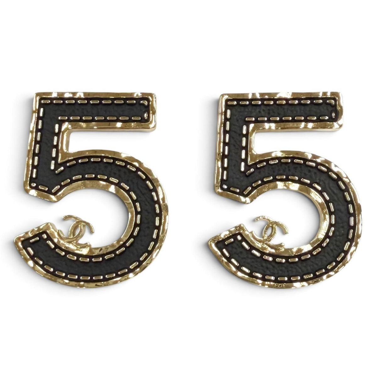 Chanel CC Logo 5 Earrings Black Gold