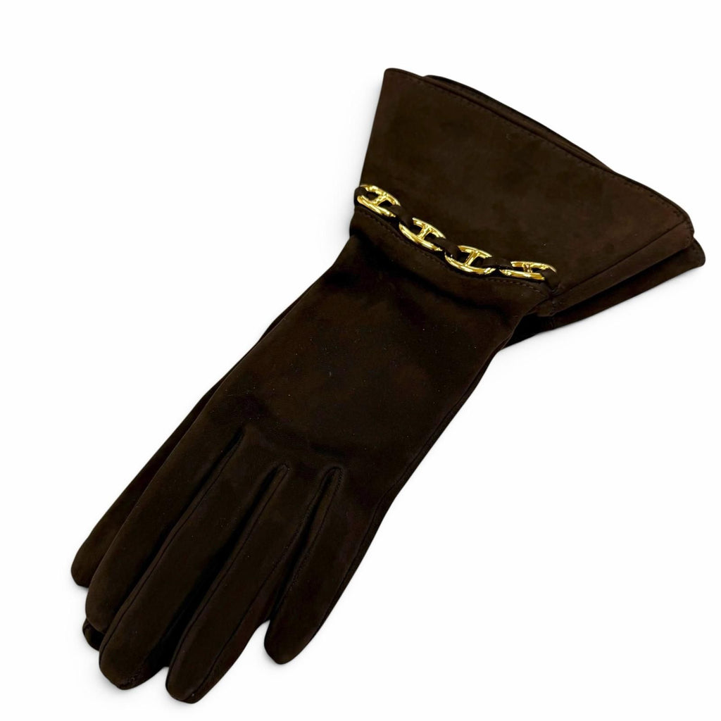 Hermes Gold Chaine D'ancre Suede Leather Glove Dark Brown