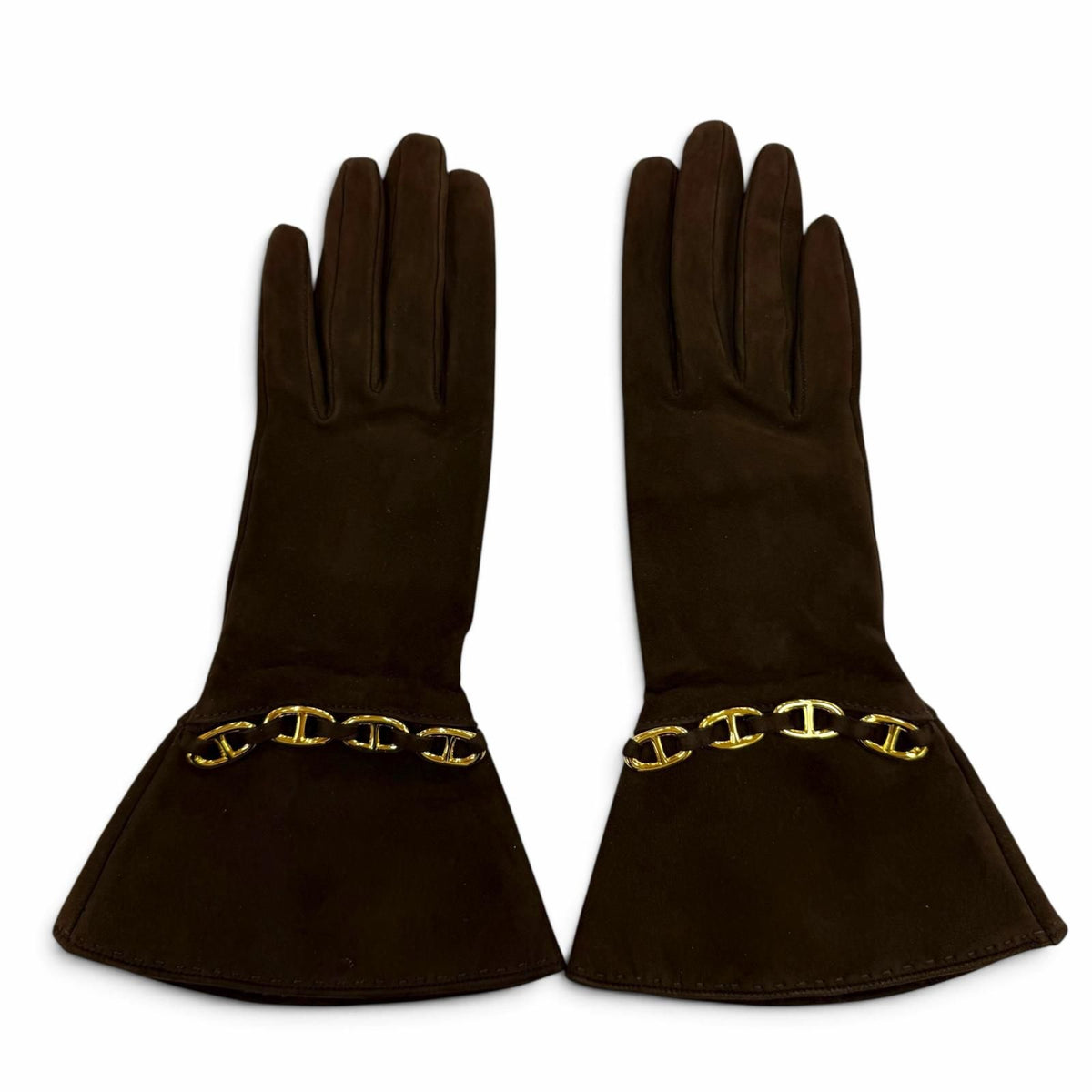 Hermes Gold Chaine D'ancre Suede Leather Glove Dark Brown — view 5