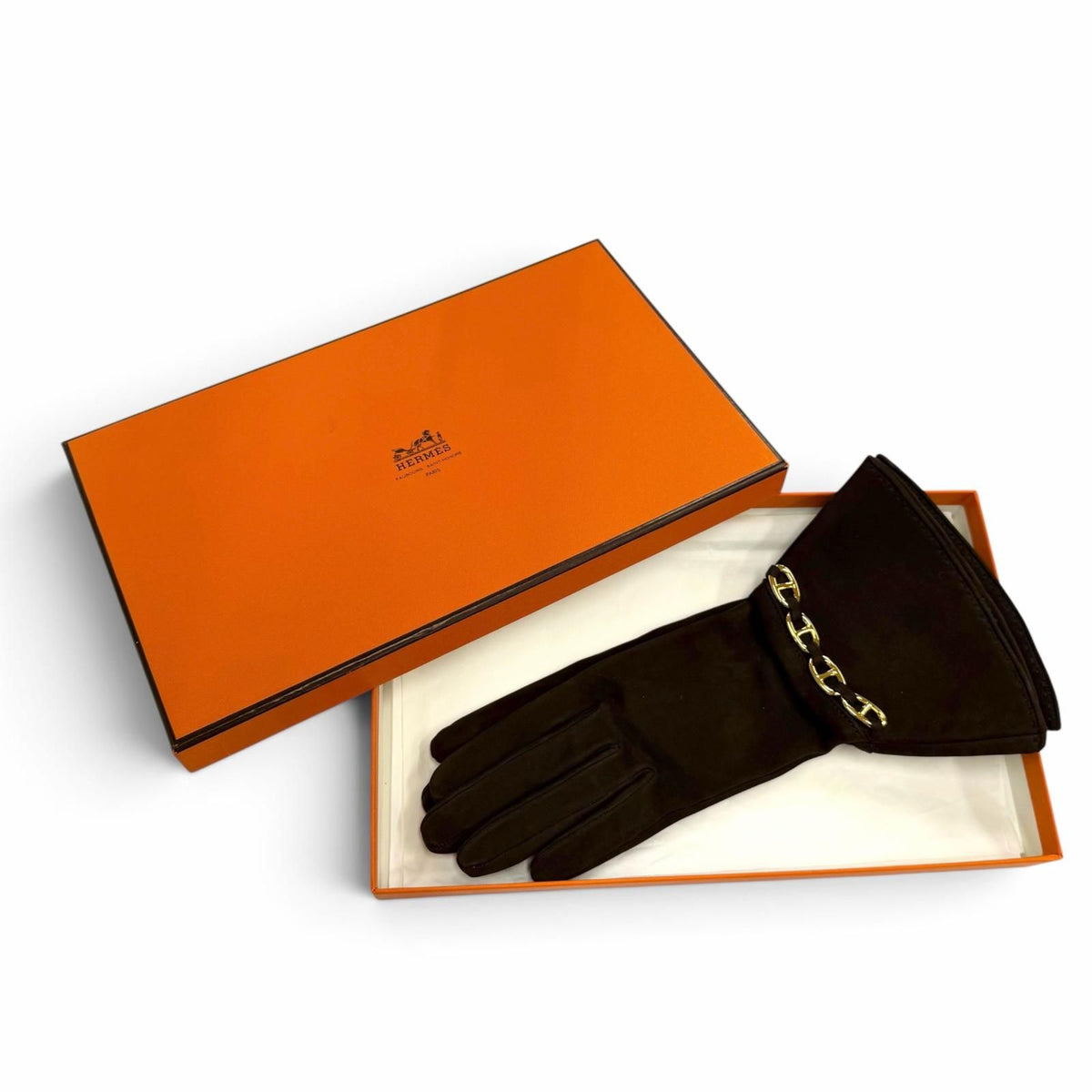 Hermes Gold Chaine D'ancre Suede Leather Glove Dark Brown — view 2