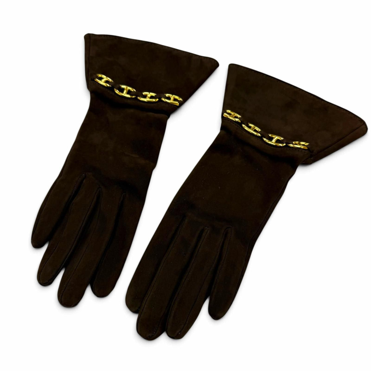 Hermes Gold Chaine D'ancre Suede Leather Glove Dark Brown — view 3