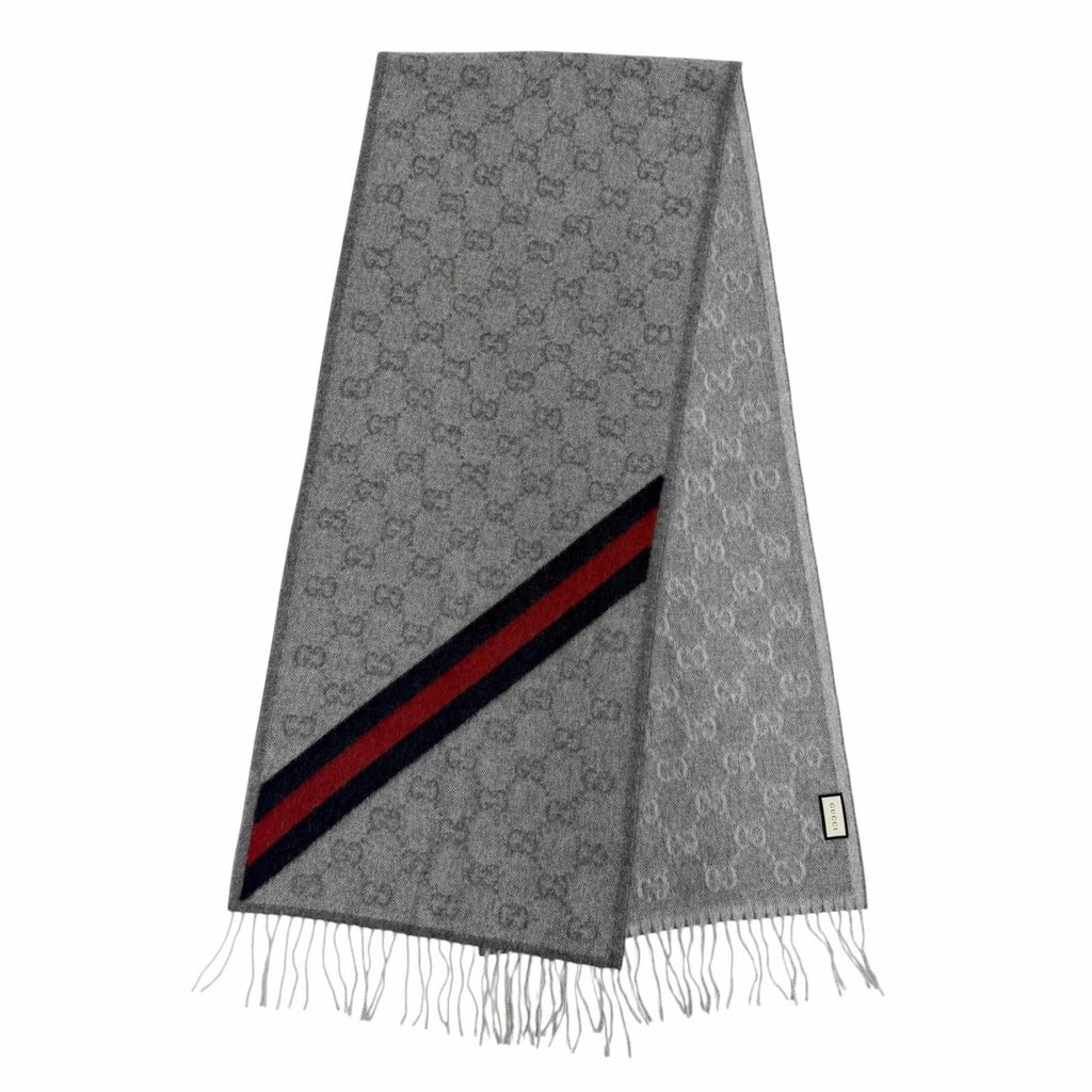 Gucci Wool Alpaca GG Pattern Web Line Scarf with Fringe Gray 37 — view 3