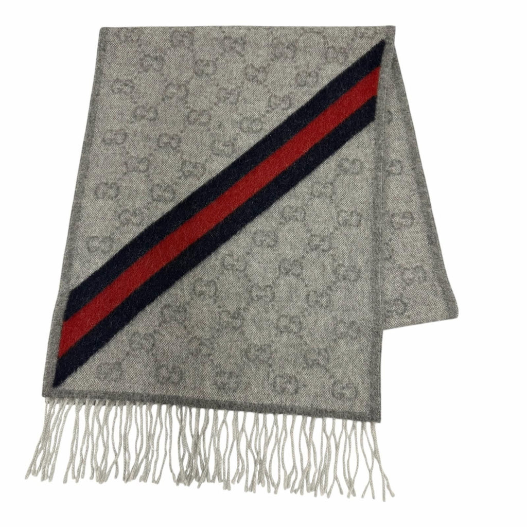 Gucci Wool Alpaca GG Pattern Web Line Scarf with Fringe Gray 37
