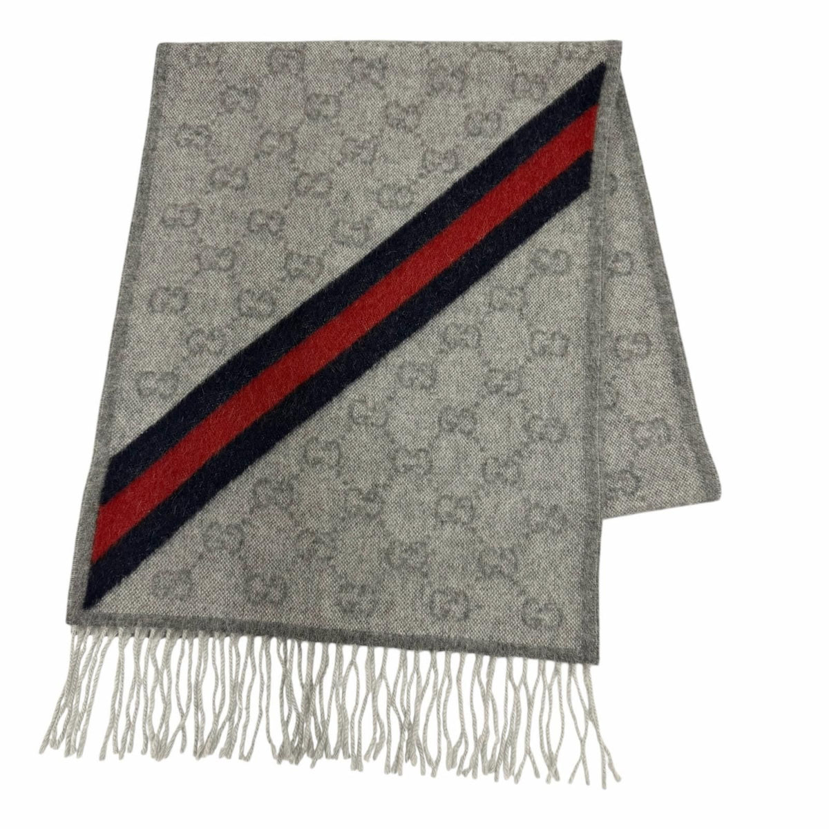 Gucci Wool Alpaca GG Pattern Web Line Scarf with Fringe Gray 37