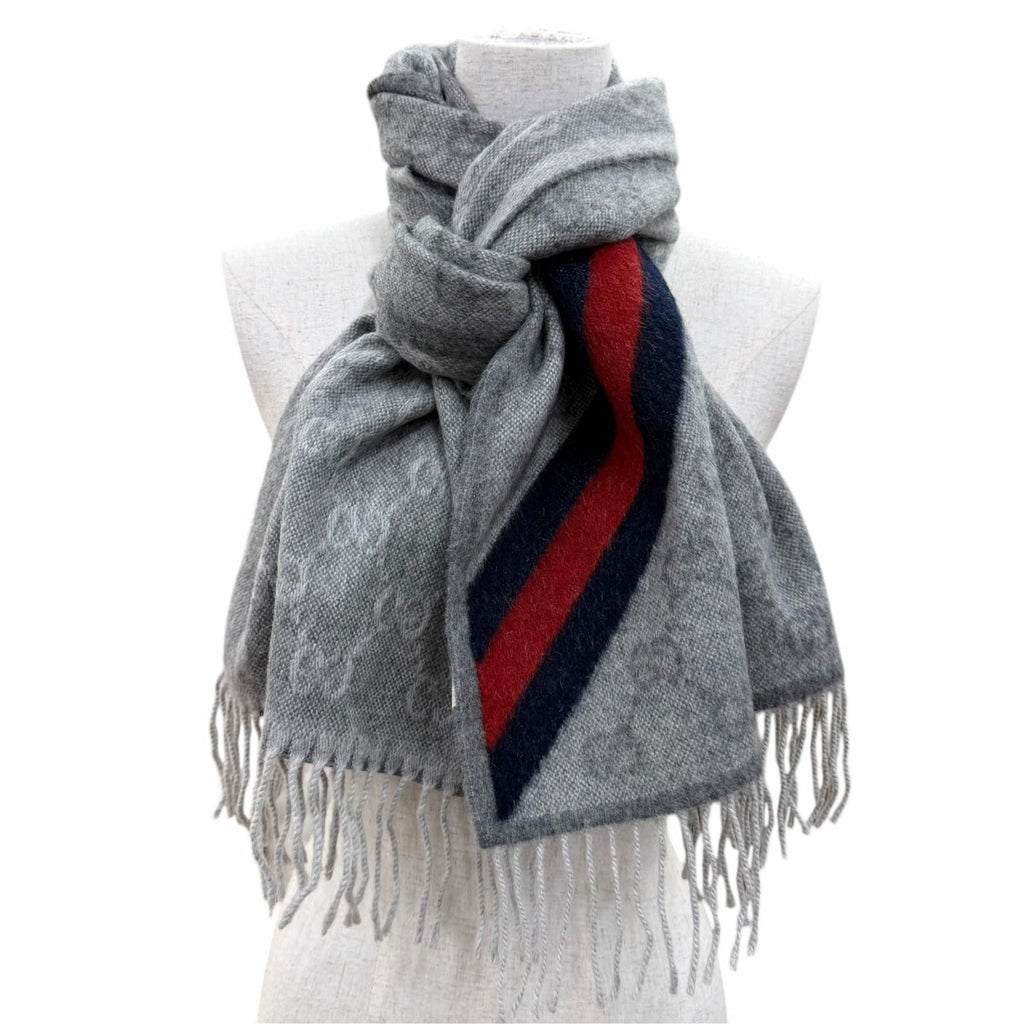 Gucci Wool Alpaca GG Pattern Web Line Scarf with Fringe Gray 37 — view 2