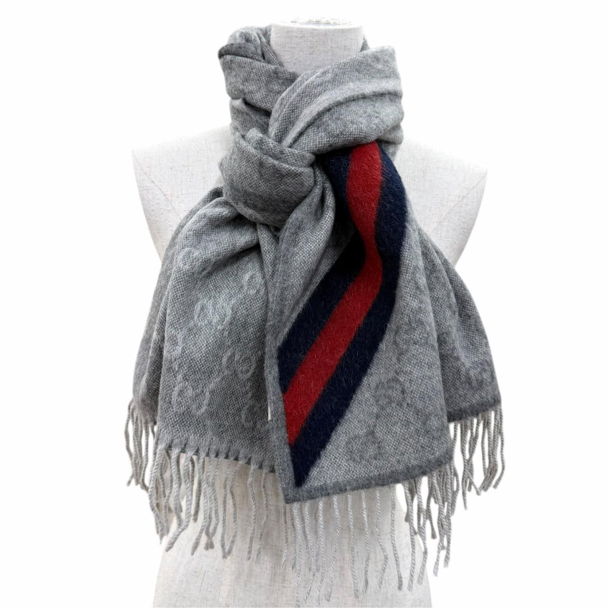 Gucci Wool Alpaca GG Pattern Web Line Scarf with Fringe Gray 37 — view 2