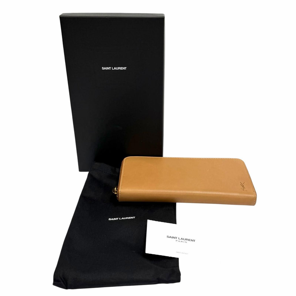 Saint Laurent Paris Logo Stamp Leather Zip Around Wallet Light Brown — view 2