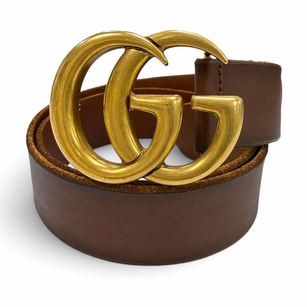 Gucci Leather Double G Buckle Wide Belt Brown Gold