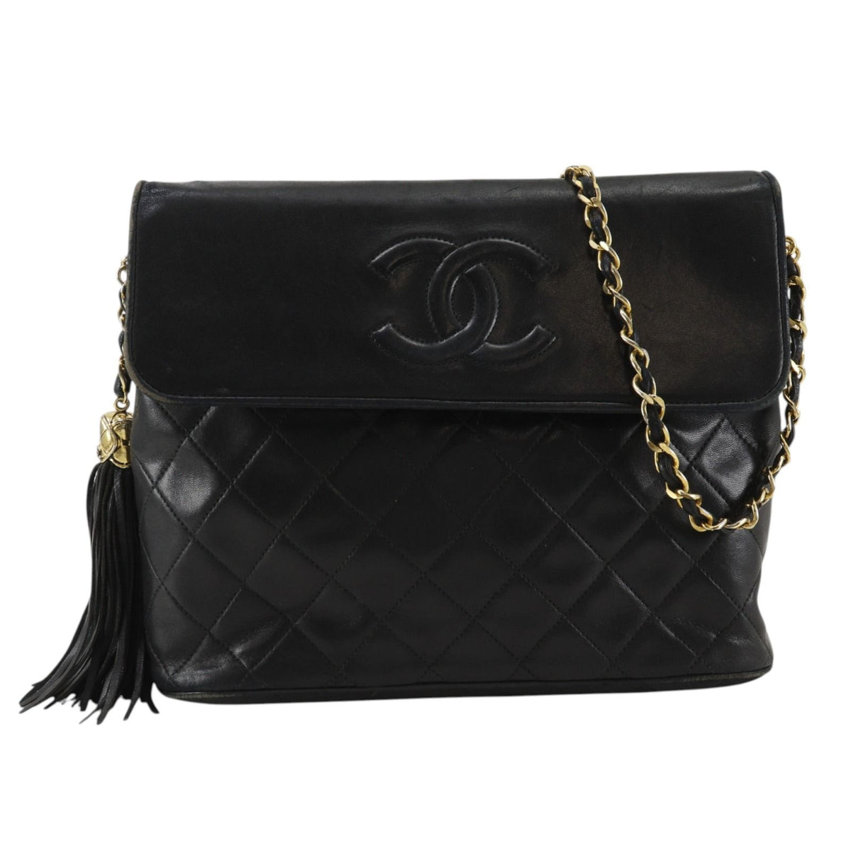 Chanel Quilted Chain Shoulder Vintage Tassel Lambskin Black Bag