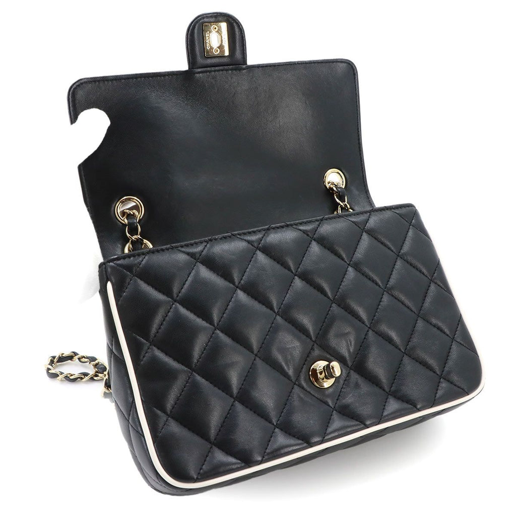 Chanel Quilted Chain Shoulder Bag Lambskin Black White Gold — view 7