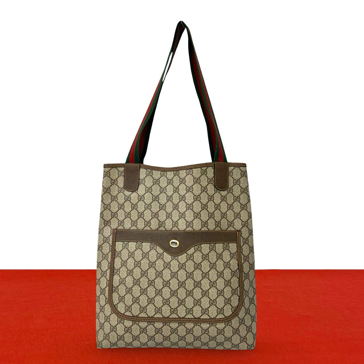 Gucci Vintage Sherry Line GG Logo Leather Tote Shoulder Bag Brown