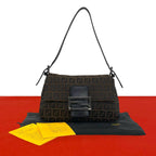 Fendi Zucchino FF Pattern Canvas Leather Handbag Bag Brown Black