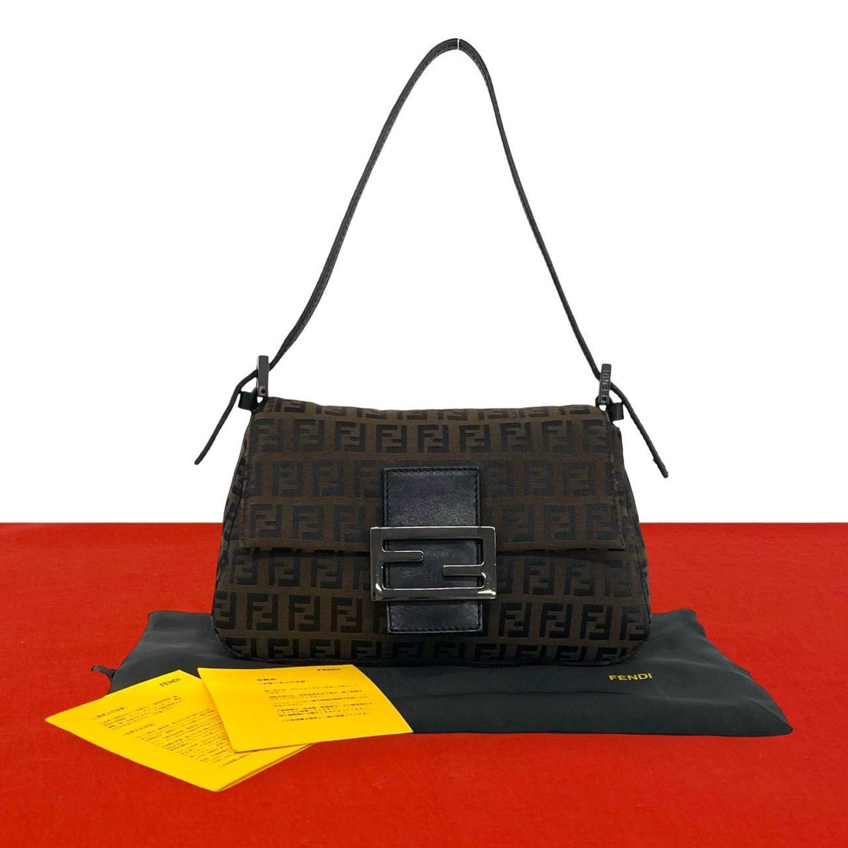 Fendi Zucchino FF Pattern Canvas Leather Handbag Bag Brown Black